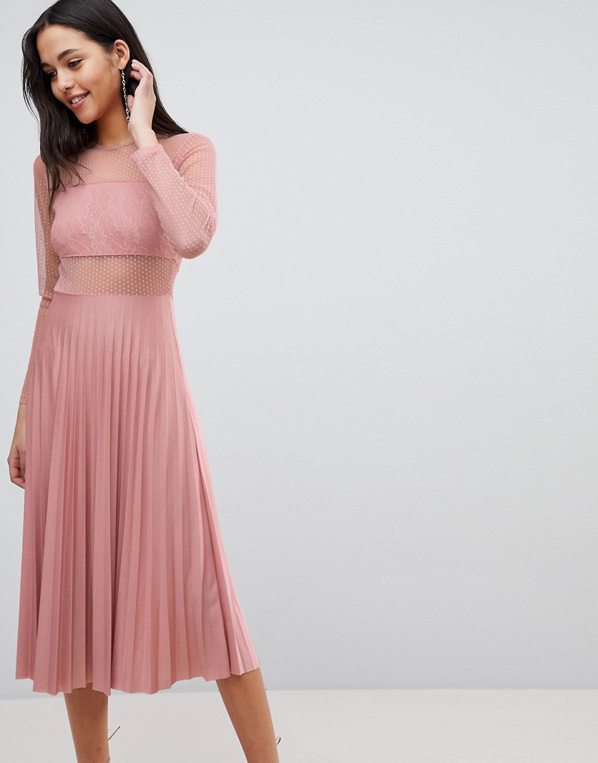 ASOS DESIGN pleated dobby and lace top long sleeve midi dress in mink-Neutral