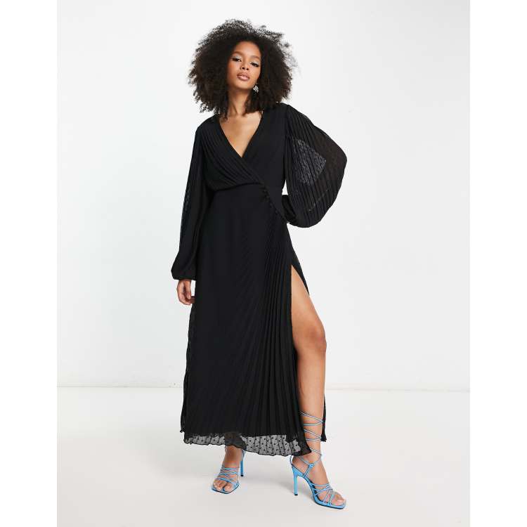 ASOS DESIGN pleated dobby chiffon wrap button detail maxi dress in black ASOS