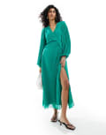 [ASOS DESIGN] ASOS DESIGN pleated dobby chiffon wrap button detail maxi dress in bright green 6 Bright green