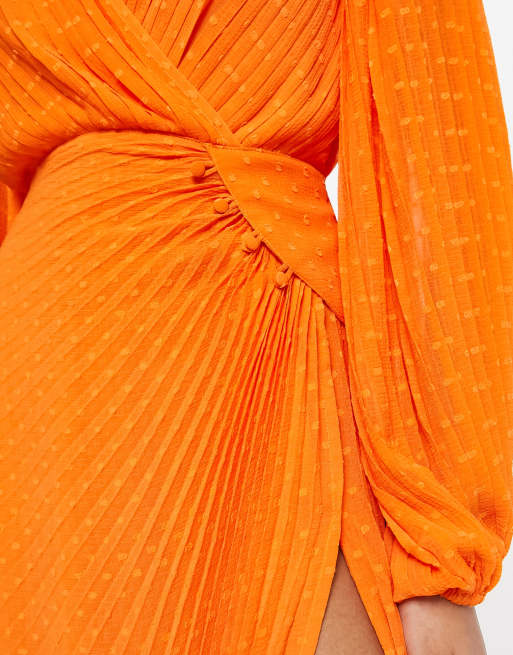 ASOS DESIGN pleated dobby chiffon wrap button detail maxi dress in bright  orange