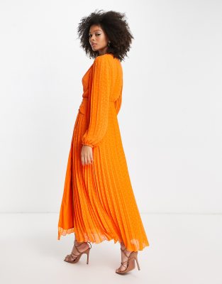 ASOS DESIGN pleated dobby chiffon wrap button detail maxi dress in bright  orange