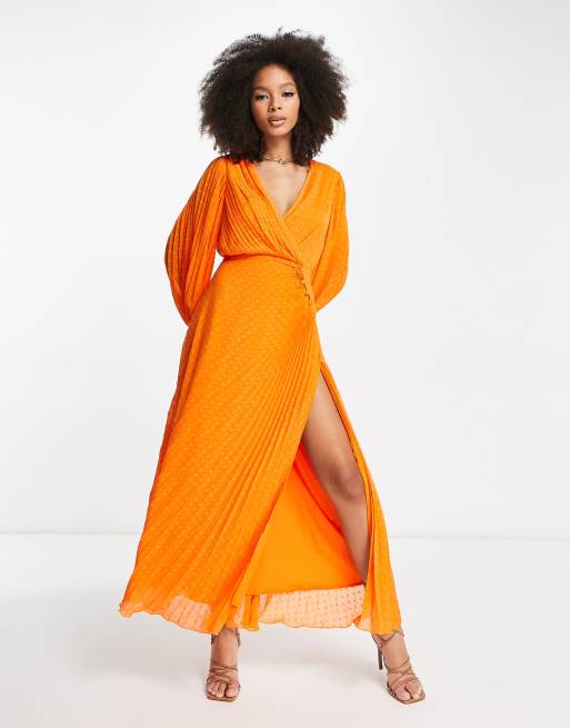 ASOS DESIGN pleated dobby chiffon wrap button detail maxi dress in bright orange ASOS