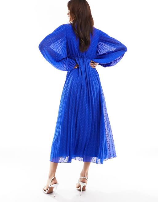 ASOS DESIGN pleated dobby chiffon wrap button detail maxi dress in cobalt