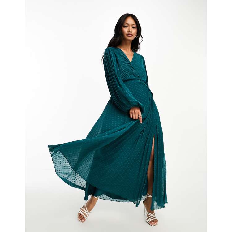 ASOS DESIGN pleated dobby chiffon wrap button detail maxi dress