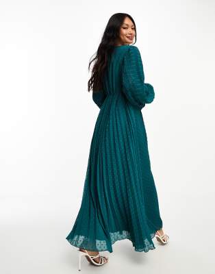 ASOS DESIGN pleated dobby chiffon wrap button detail maxi dress in pine  green