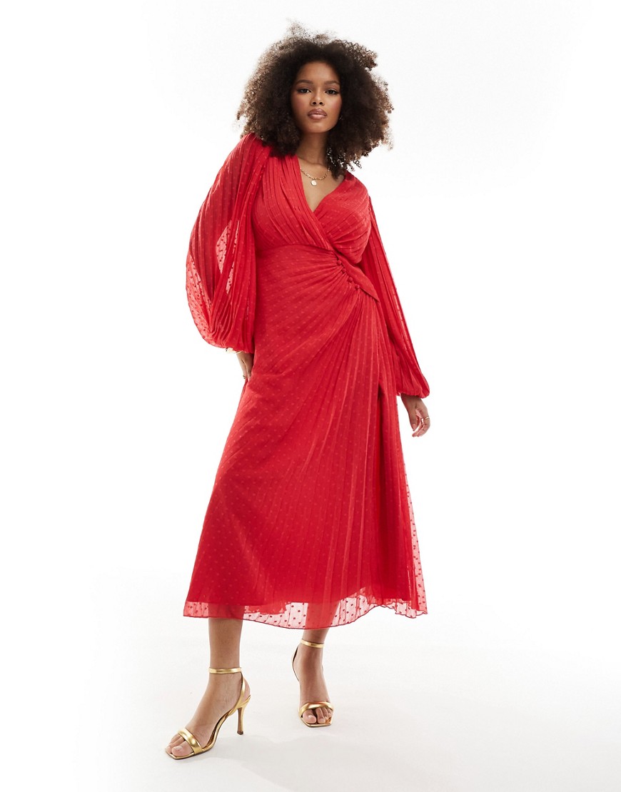 ASOS DESIGN pleated dobby chiffon wrap button detail maxi dress in red