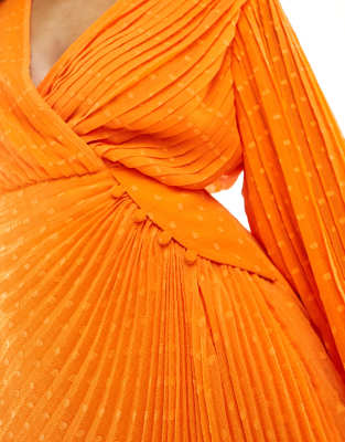 ASOS DESIGN pleated dobby chiffon wrap button detail mini dress in bright  orange