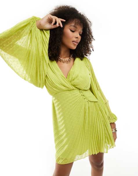 ASOS DESIGN pleated dobby chiffon wrap button detail mini dress in chartreuse - view 1