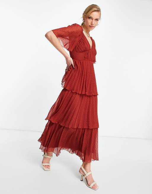 ASOS DESIGN pleated dobby midi dress with tiered skirt in rust | ASOS