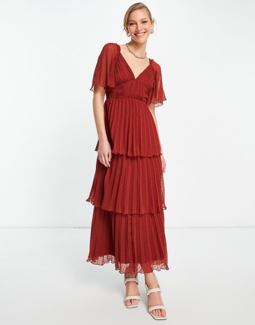 ASOS DESIGN pleated dobby midi dress with tiered skirt in rust