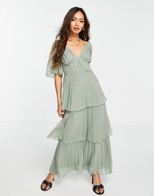 ASOS DESIGN pleated dobby midi dress with tiered skirt in sage green - ASOS Price Checker