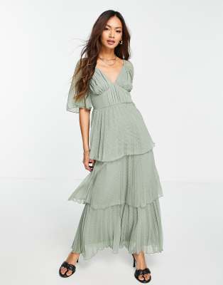 ASOS DESIGN pleated dobby midi dress with tiered skirt in sage green - ASOS Price Checker