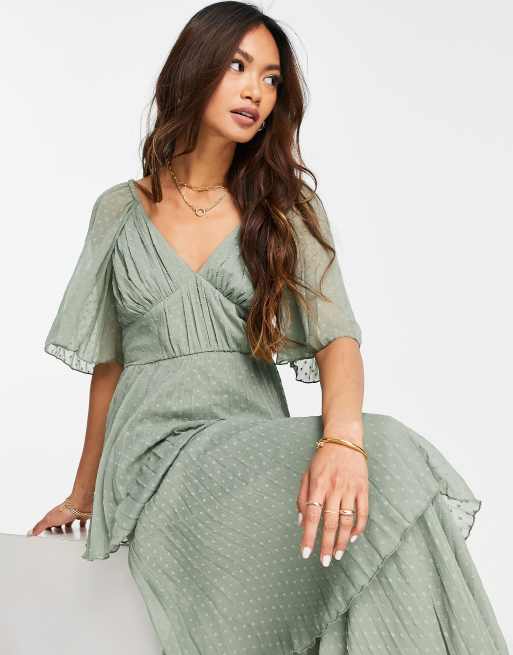 ASOS DESIGN pleated dobby midi dress with tiered skirt in sage green ASOS