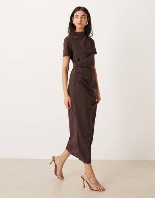 Asos Design Pleated Drape High Neck Midaxi Dress In Brown