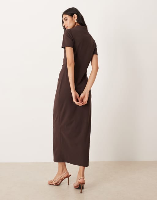 ASOS DESIGN pleated drape high neck midaxi dress in chocolate, 3 of 4