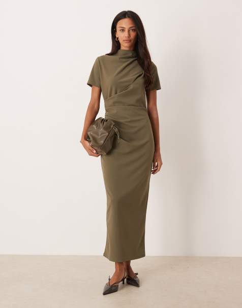 ASOS DESIGN pleated drape high neck midaxi dress in khaki - view 1