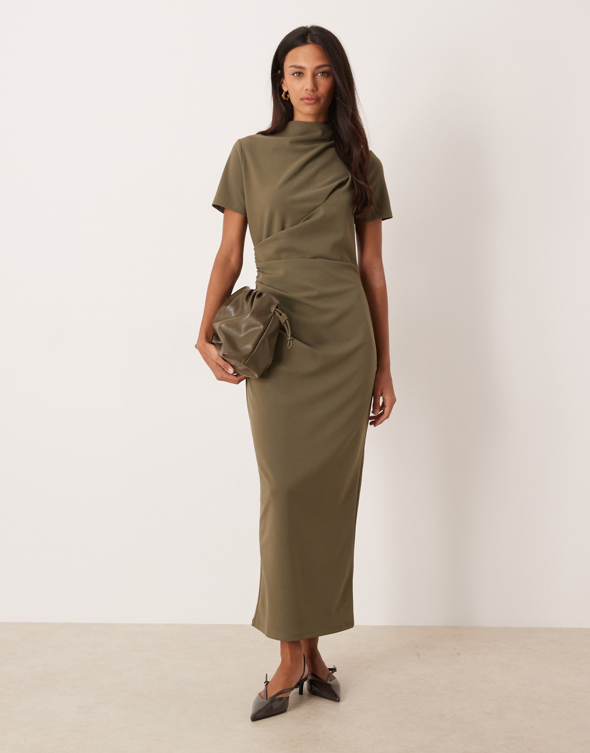 asos design pleated draped high neck midaxi dress in khaki green