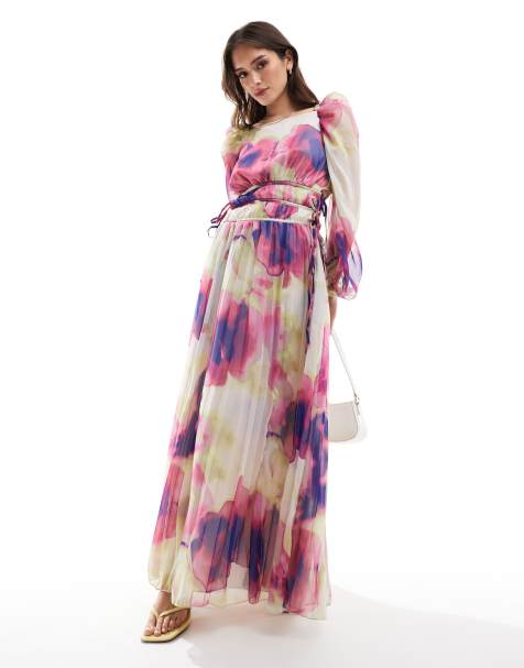 ASOS DESIGN pleated drawstring bodice maxi dress in blurred floral print - view 1