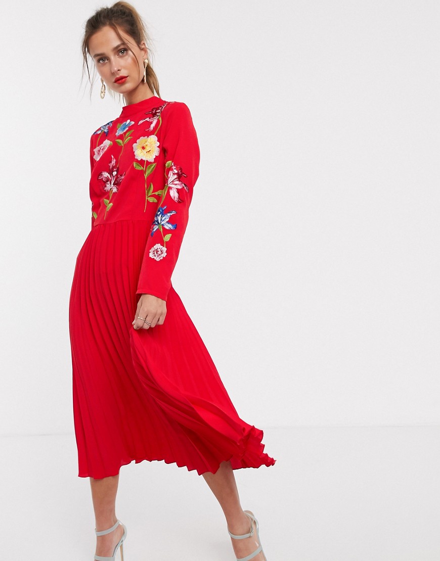 ASOS DESIGN pleated embroidered midi dress in red