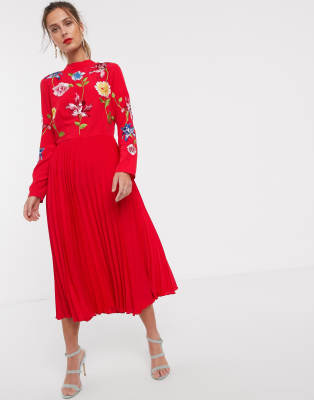 asos design pleated high neck midi dress with embroidery