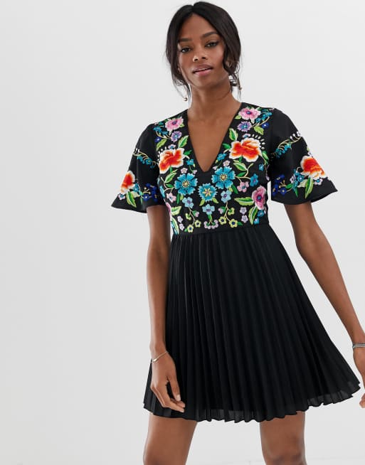 Asos pleated shop embroidered dress