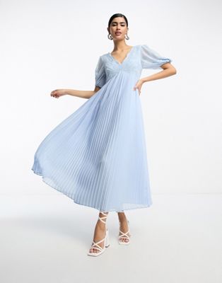 ASOS DESIGN pleated embroidery maxi dress with cutwork in blue | ASOS
