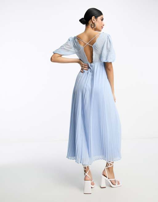 ASOS DESIGN pleated embroidery maxi dress with cutwork in blue | ASOS