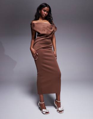 ASOS DESIGN pleated fallen shoulder midaxi dress with asymmetric back in chocolate in scuba-style fabric-Brown