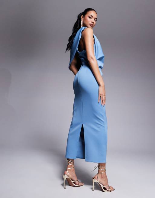 ASOS DESIGN scuba pleated fallen shoulder midi dress with asymmetric back in pale blue