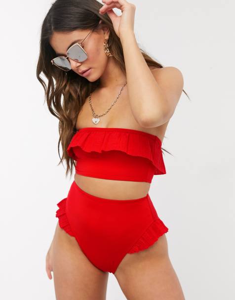 ASOS DESIGN pleated frill high waist high leg bikini bottom in red - view 1
