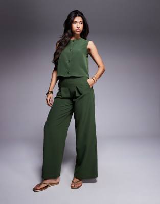 Asos Design Pleated Front Wide Leg Pants In Green