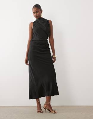 Asos Design Pleated Gathered Bodice Satin Maxi Dress With High Neck In Black