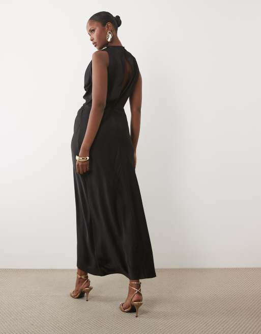 ASOS DESIGN pleated gathered bodice satin maxi dress with high neck in black, 3 of 4