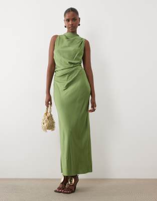 Asos Design Pleated Gathered Bodice Satin Maxi Dress With High Neck In Multi