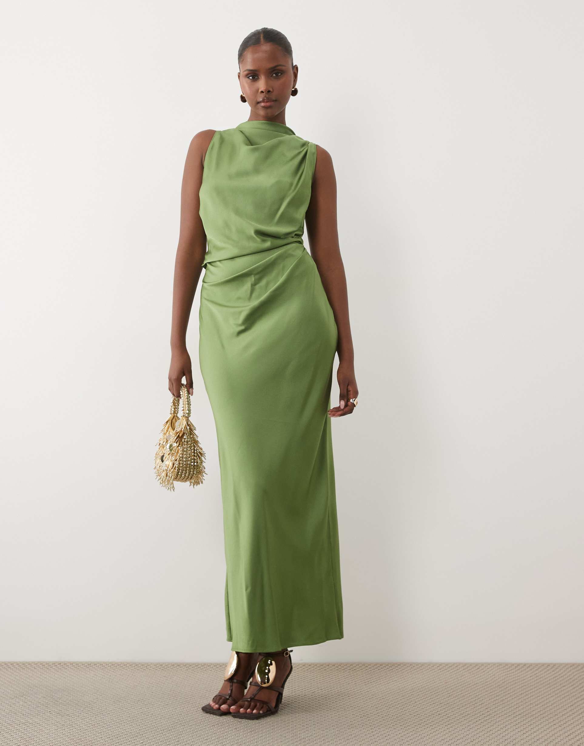 asos design pleated gathered bodice satin maxi dress with high neck in olive green