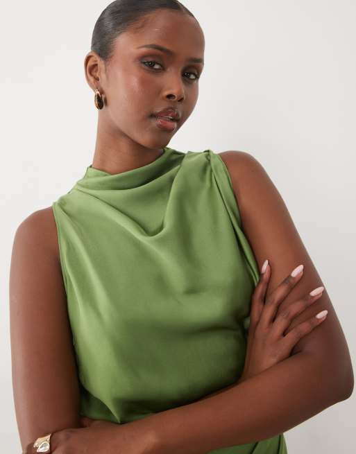ASOS DESIGN pleated gathered bodice satin maxi dress with high neck in olive green, 3 of 4