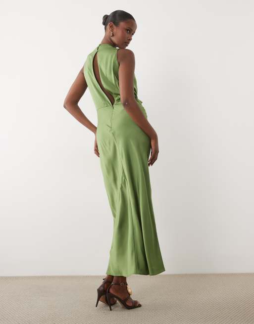 ASOS DESIGN pleated gathered bodice satin maxi dress with high neck in olive green, 4 of 4