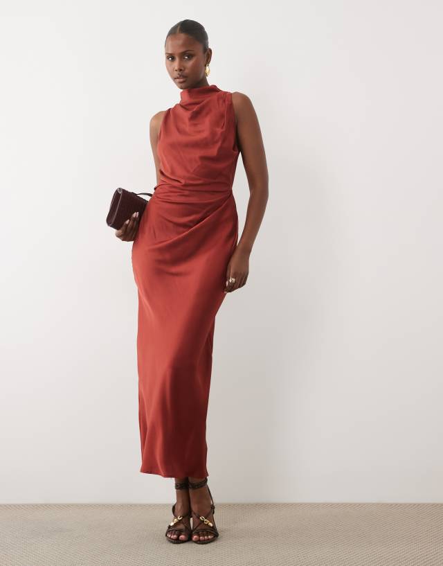 terracotta formal dress ASOS DESIGN pleated gathered bodice satin maxi with high neck in terracotta color dress for wedding