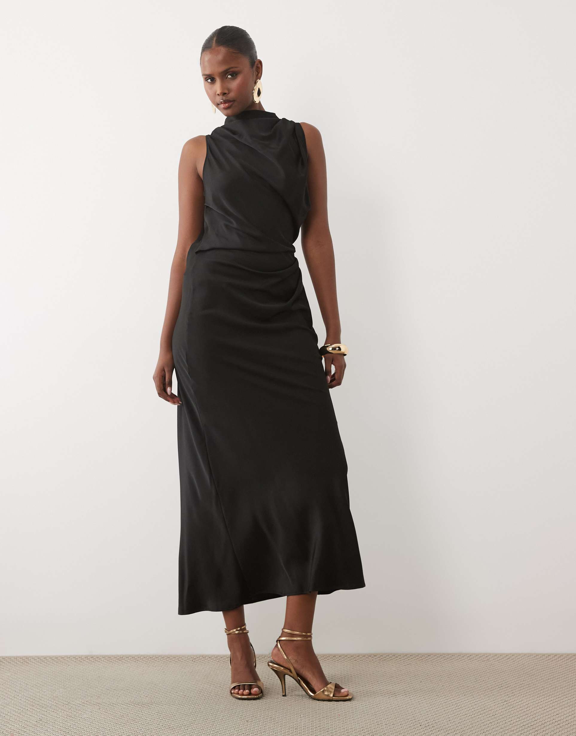 asos design pleated gathered bodice satin midaxi dress with high neck in black