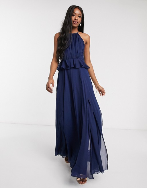 ASOS DESIGN pleated halter maxi dress with ruffle waist detail in navy