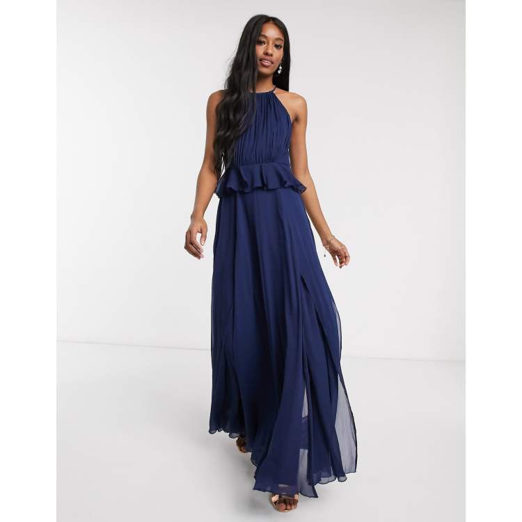 ASOS DESIGN pleated halter maxi dress with ruffle waist detail in navy