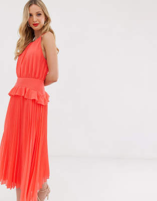 coral pleated midi dress