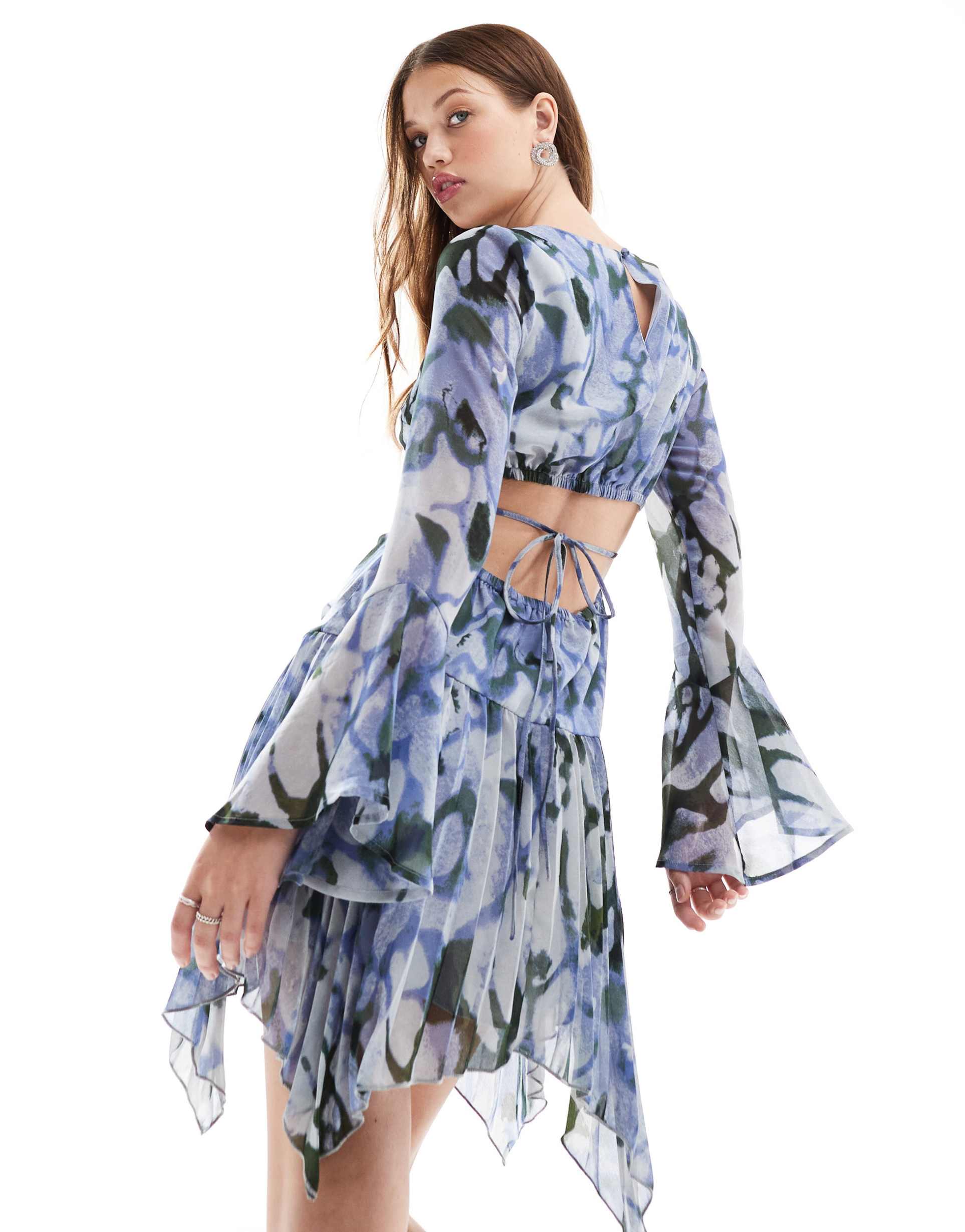 asos design pleated hanky hem mini dress in blue green abstract print