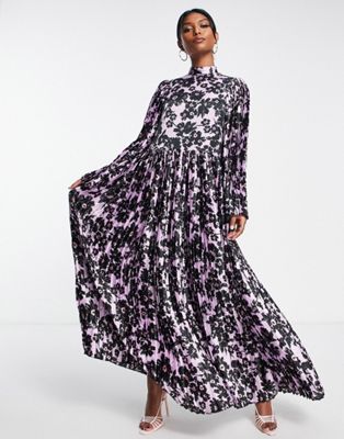 ASOS DESIGN pleated high neck maxi dress in lilac floral print | ASOS