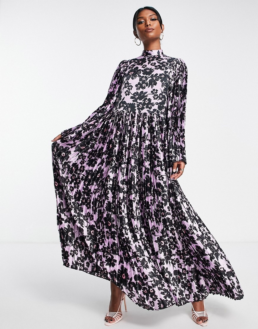 ASOS DESIGN pleated high neck maxi dress in lilac floral print-Multi