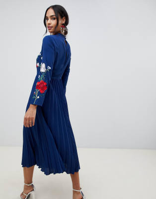 asos design pleated high neck midi dress with embroidery