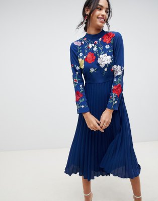 asos design pleated high neck midi dress with embroidery