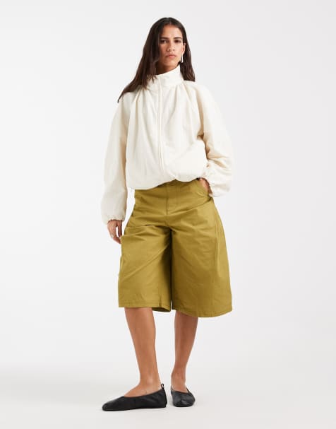 ASOS DESIGN pleated jorts in blush twill in khaki  - view 1