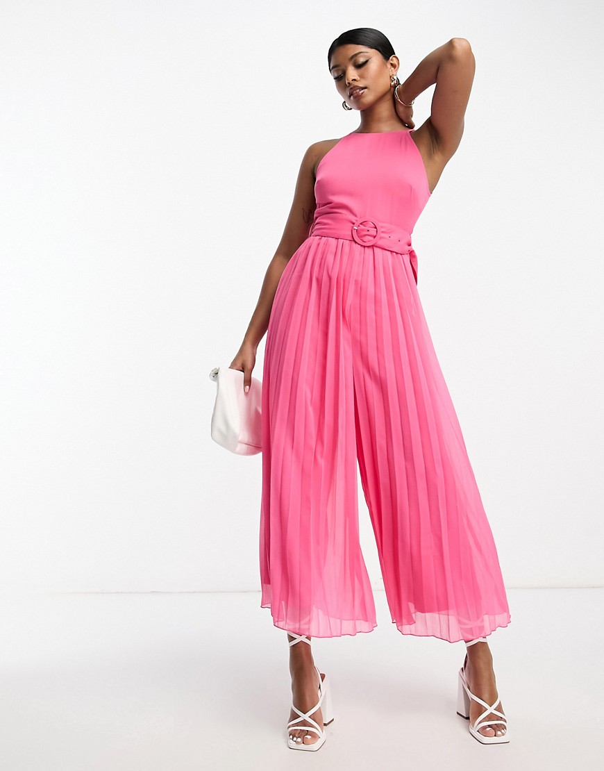 ASOS DESIGN pleated jumpsuit with belt in pink