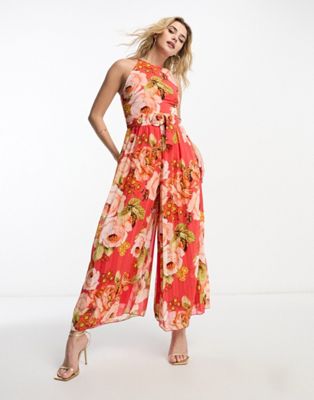 ASOS DESIGN pleated jumpsuit with belt in red floral - ASOS Price Checker